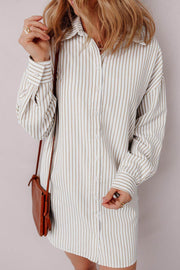 Khaki Stripe Long Sleeve Button Up Mini Shirt Dress - Fashion Queen -  1