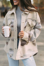 Load image into Gallery viewer, Khaki Western Aztec Print Sherpa Splicing Buttoned Flap Pocket Coat - Fashion Queen -  1
