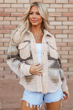 Load image into Gallery viewer, Khaki Western Aztec Print Sherpa Splicing Buttoned Flap Pocket Coat - Fashion Queen -  11
