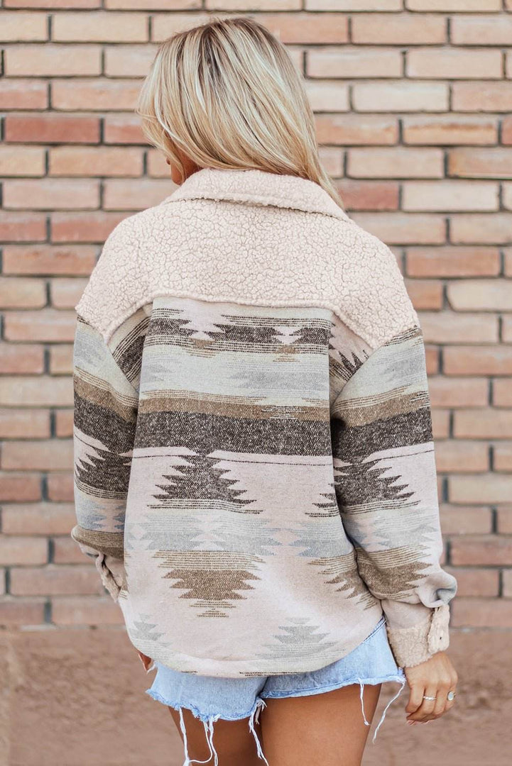 Khaki Western Aztec Print Sherpa Splicing Buttoned Flap Pocket Coat - Fashion Queen -  12