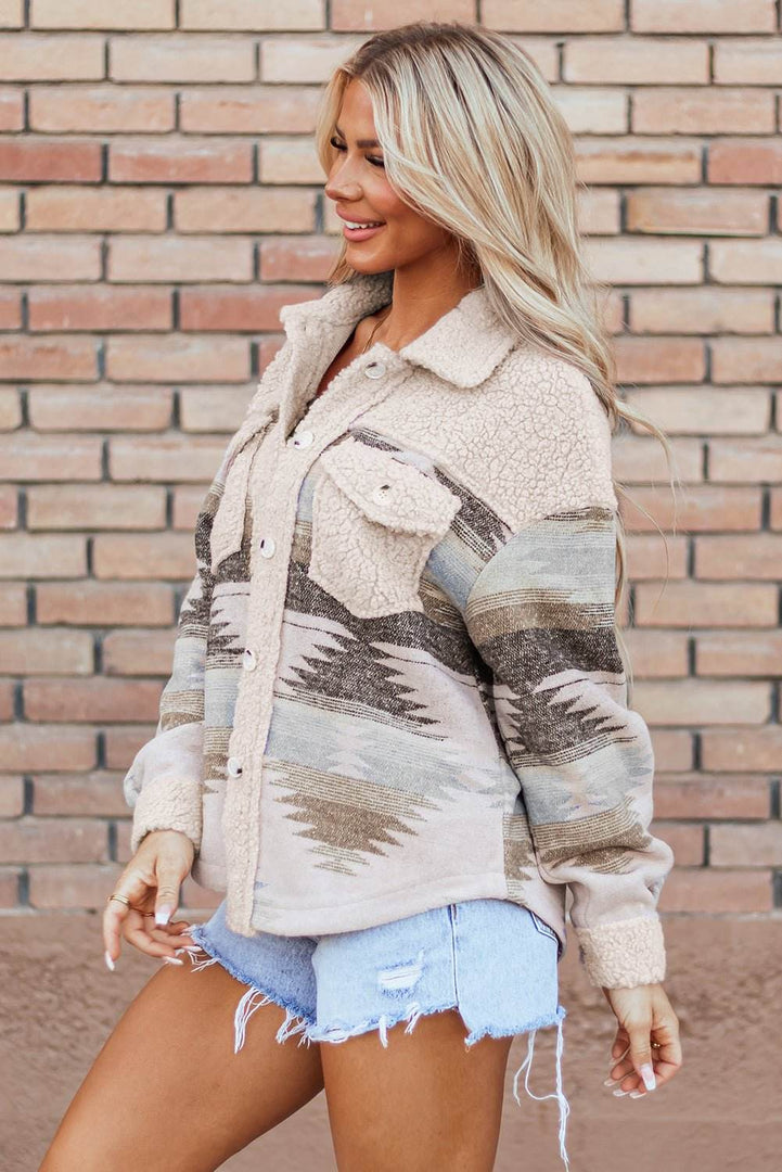 Khaki Western Aztec Print Sherpa Splicing Buttoned Flap Pocket Coat - Fashion Queen -  13