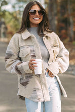 Load image into Gallery viewer, Khaki Western Aztec Print Sherpa Splicing Buttoned Flap Pocket Coat - Fashion Queen -  4
