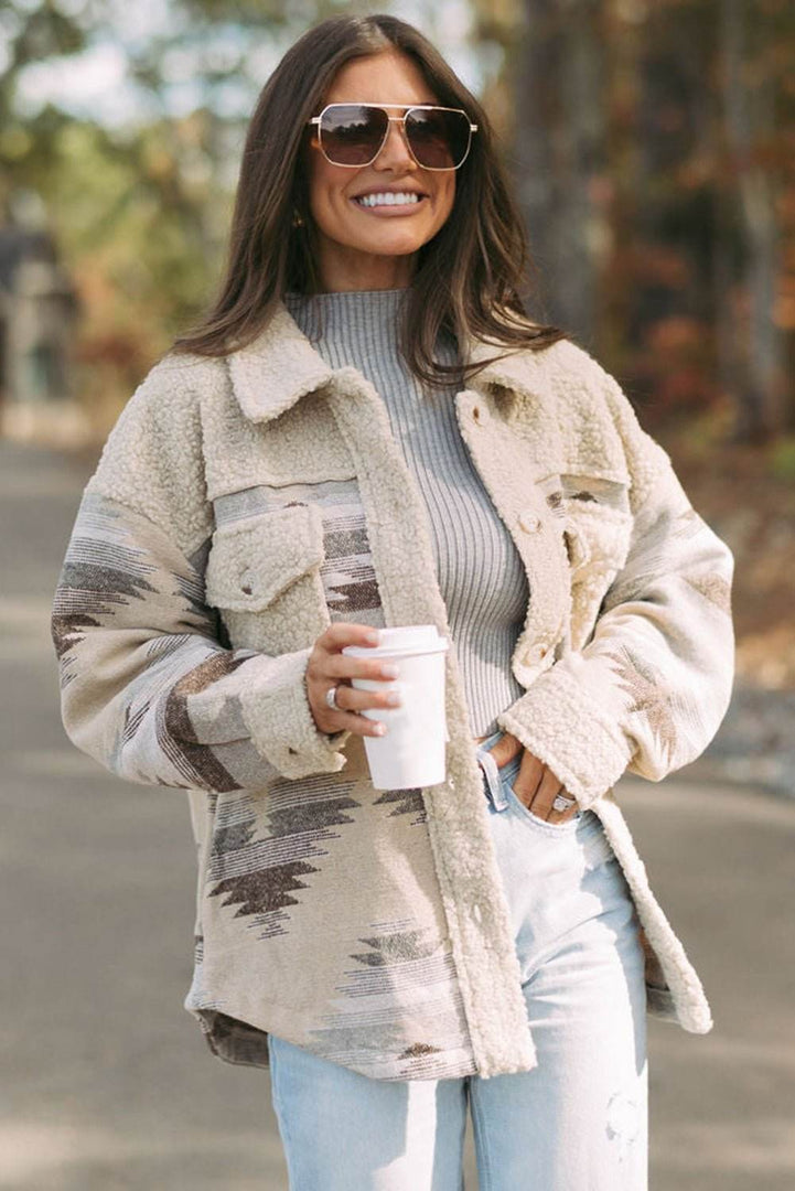 Khaki Western Aztec Print Sherpa Splicing Buttoned Flap Pocket Coat - Fashion Queen -  4