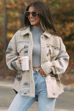 Load image into Gallery viewer, Khaki Western Aztec Print Sherpa Splicing Buttoned Flap Pocket Coat - Fashion Queen -  5
