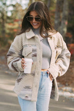 Load image into Gallery viewer, Khaki Western Aztec Print Sherpa Splicing Buttoned Flap Pocket Coat - Fashion Queen -  6
