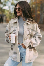 Load image into Gallery viewer, Khaki Western Aztec Print Sherpa Splicing Buttoned Flap Pocket Coat - Fashion Queen -  7
