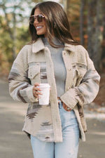 Load image into Gallery viewer, Khaki Western Aztec Print Sherpa Splicing Buttoned Flap Pocket Coat - Fashion Queen -  8
