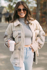Load image into Gallery viewer, Khaki Western Aztec Print Sherpa Splicing Buttoned Flap Pocket Coat - Fashion Queen -  9
