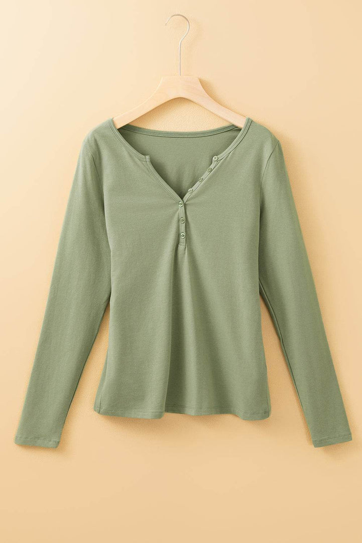Laurel Green Long Sleeve Buttons V Neck Slim Fit Top - Fashion Queen -  3