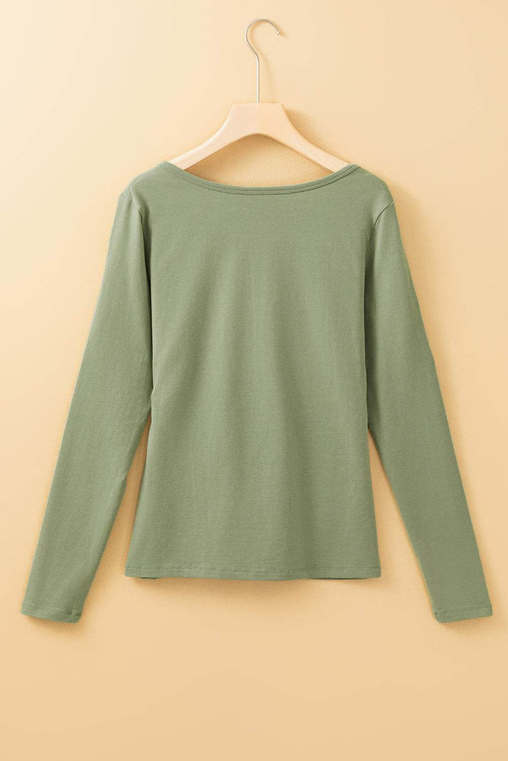 Laurel Green Long Sleeve Buttons V Neck Slim Fit Top - Fashion Queen -  4