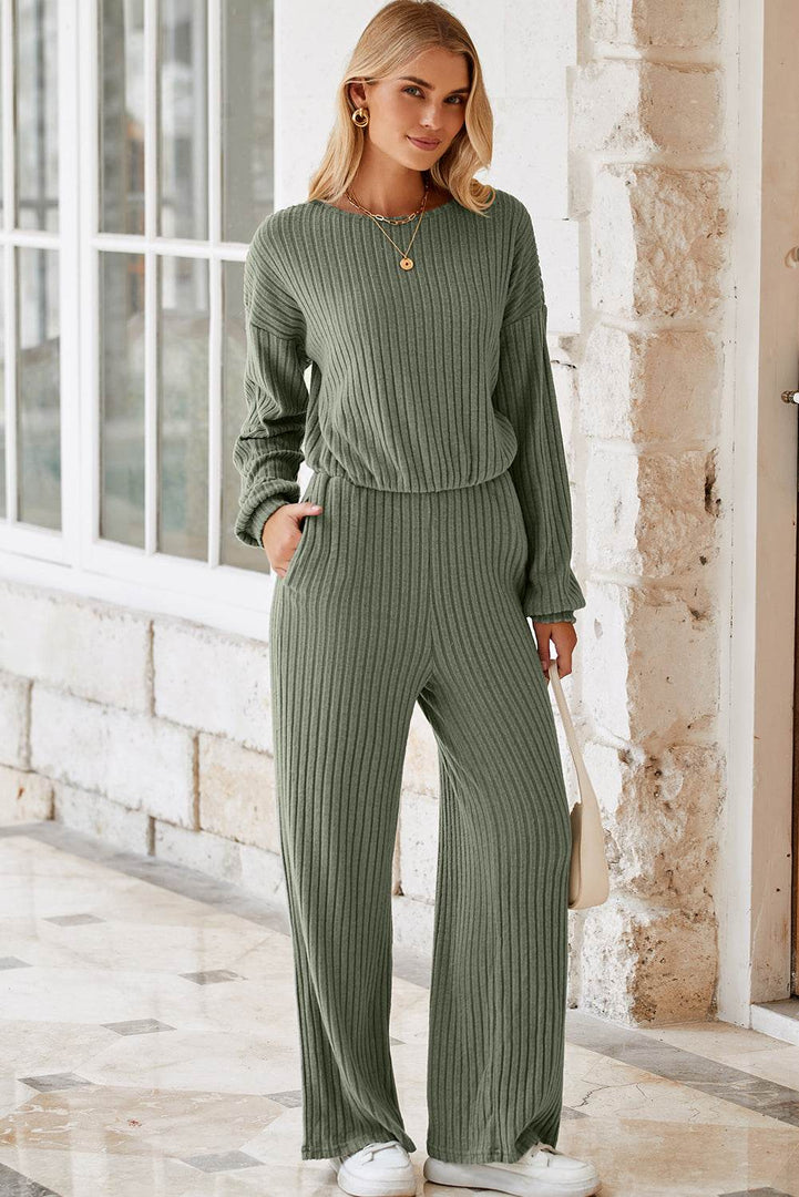 Laurel Green Solid Ribbed Knit Keyhole Back High Waist Jumpsuit - Fashion Queen -  10