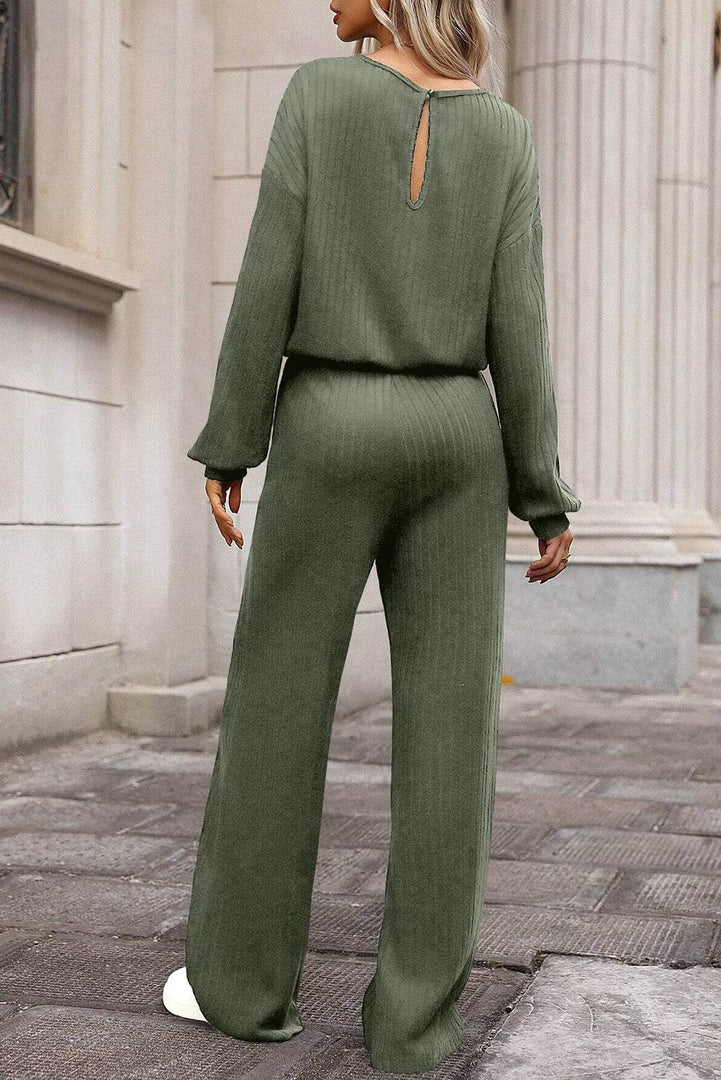 Laurel Green Solid Ribbed Knit Keyhole Back High Waist Jumpsuit - Fashion Queen -  2
