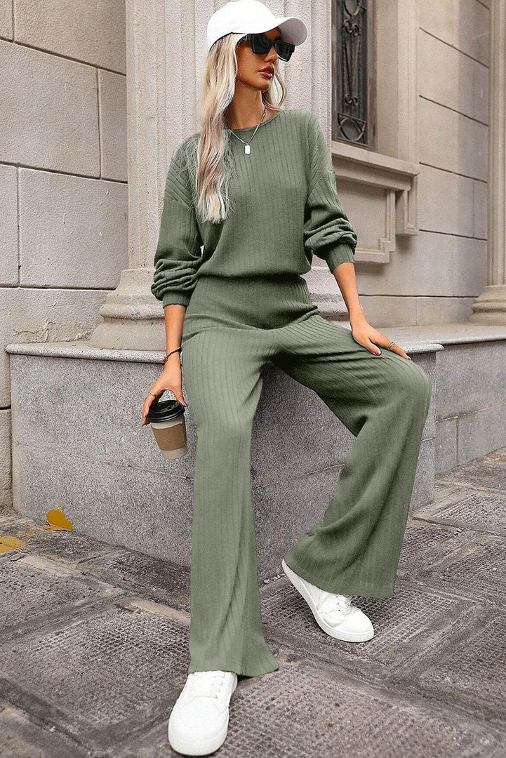 Laurel Green Solid Ribbed Knit Keyhole Back High Waist Jumpsuit - Fashion Queen -  3
