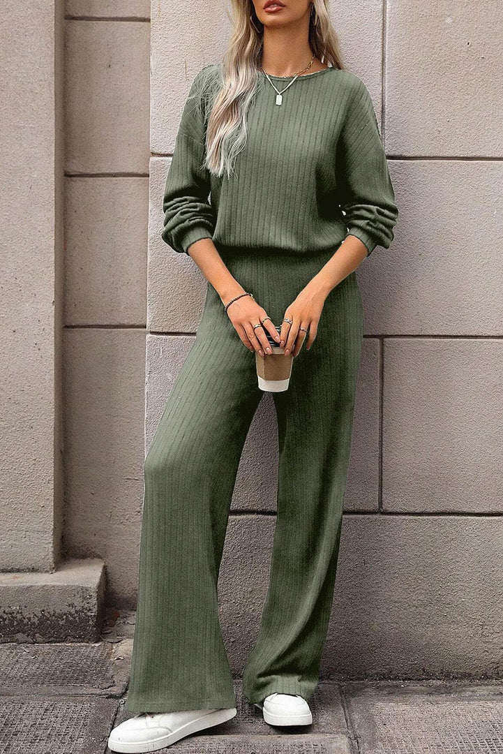 Laurel Green Solid Ribbed Knit Keyhole Back High Waist Jumpsuit - Fashion Queen -  4
