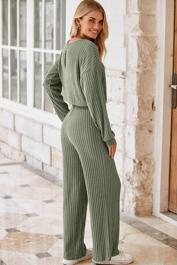 Laurel Green Solid Ribbed Knit Keyhole Back High Waist Jumpsuit - Fashion Queen -  7