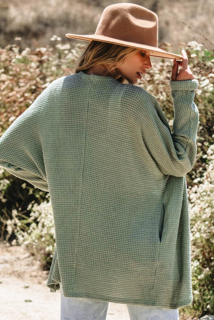 Laurel Green Waffle Knit Open Front Cardigan - Fashion Queen -  2