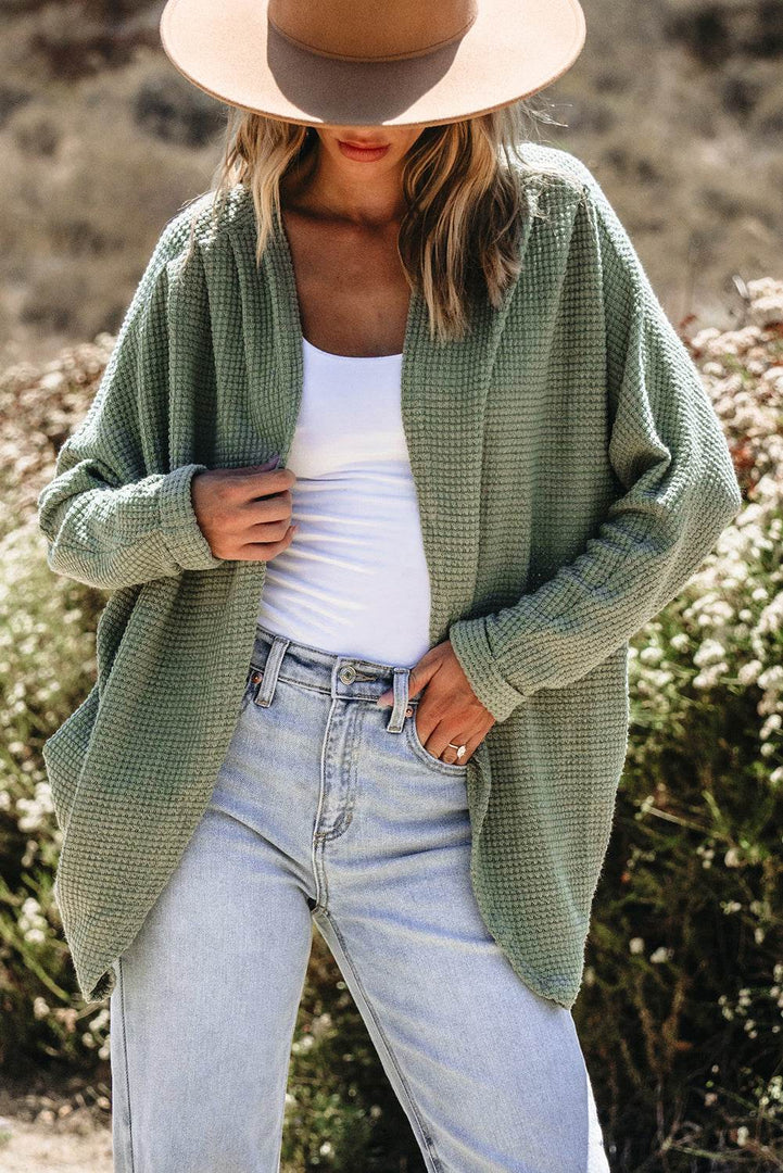Laurel Green Waffle Knit Open Front Cardigan - Fashion Queen -  6