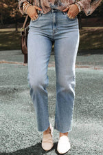 Load image into Gallery viewer, Light Blue Acid Wash Raw Edge Straight Jeans - Fashion Queen -  1
