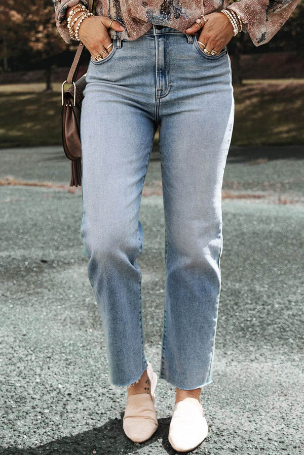 Light Blue Acid Wash Raw Edge Straight Jeans - Fashion Queen -  1