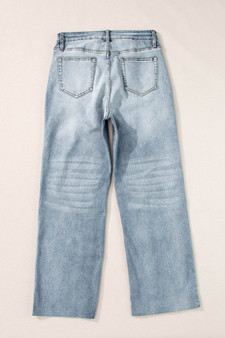 Light Blue Acid Wash Raw Edge Straight Jeans - Fashion Queen -  6