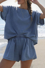 Load image into Gallery viewer, Light Blue Denim Cuffed Sleeve Tee Elastic Shorts Set - Fashion Queen -  1
