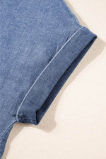 Load image into Gallery viewer, Light Blue Denim Cuffed Sleeve Tee Elastic Shorts Set - Fashion Queen -  10
