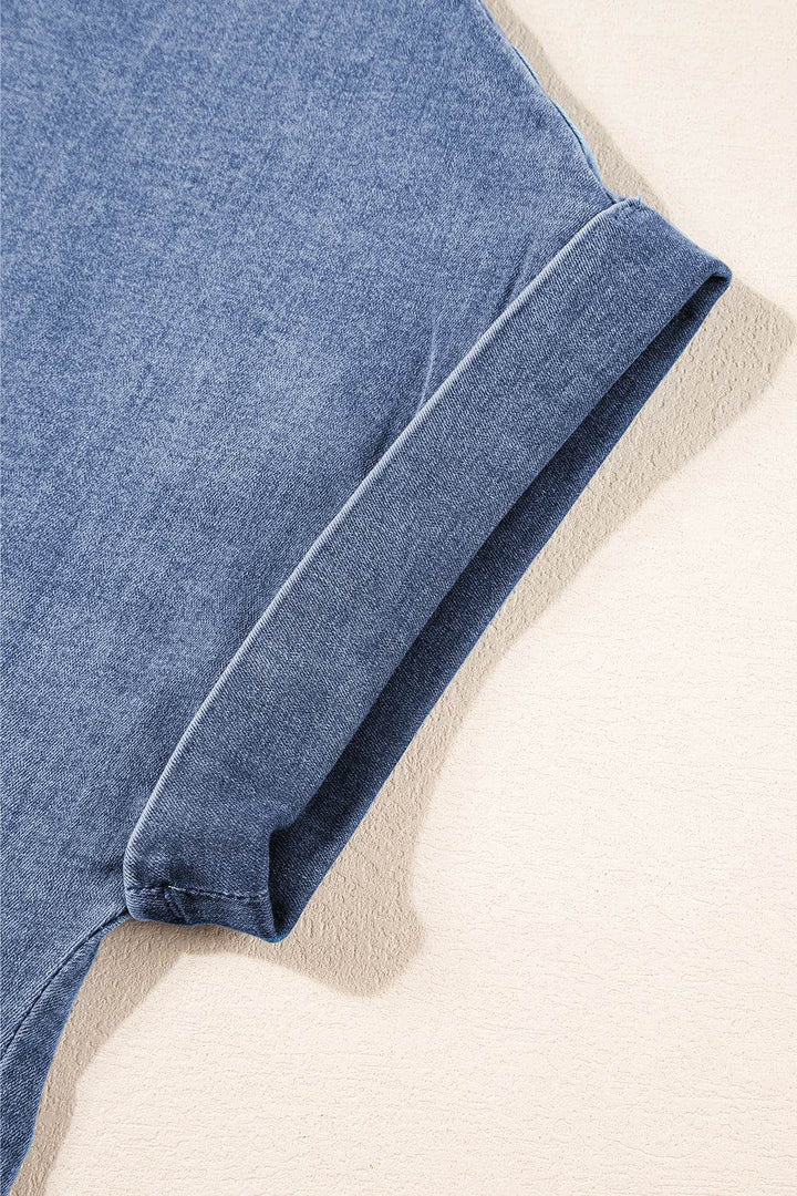 Light Blue Denim Cuffed Sleeve Tee Elastic Shorts Set - Fashion Queen -  10