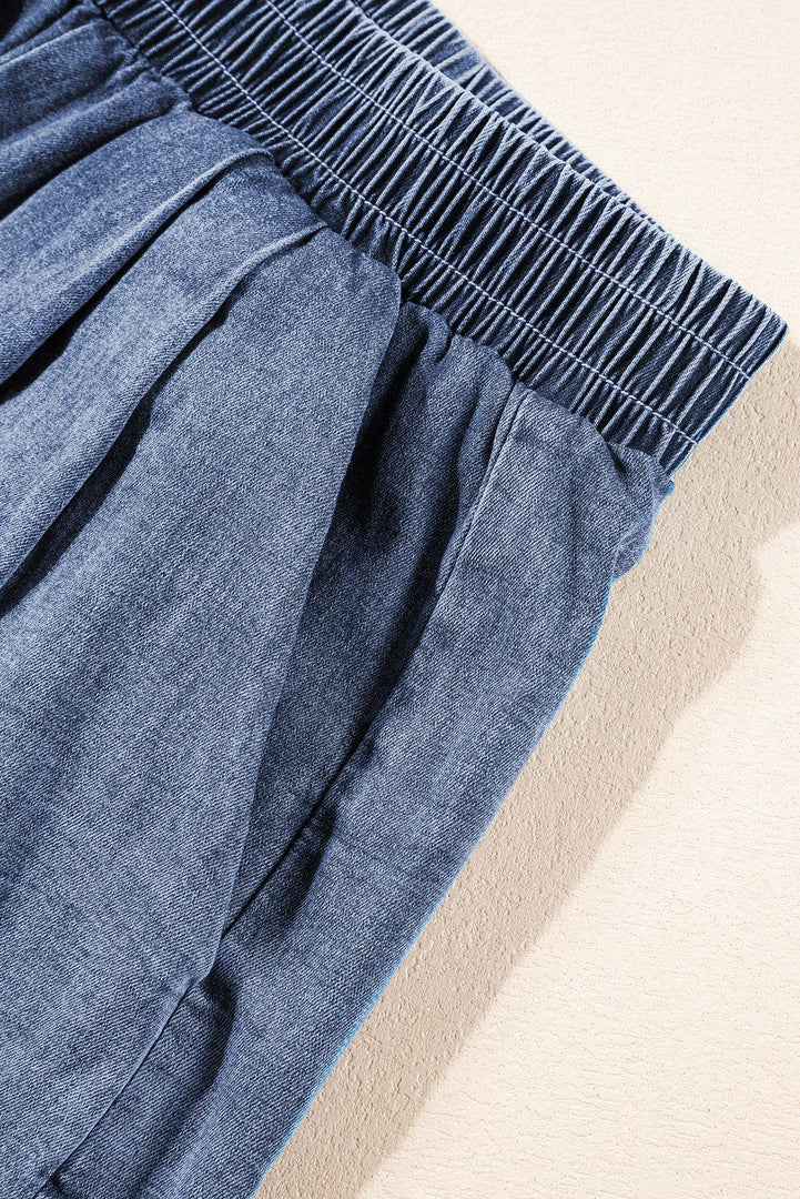 Light Blue Denim Cuffed Sleeve Tee Elastic Shorts Set - Fashion Queen -  13