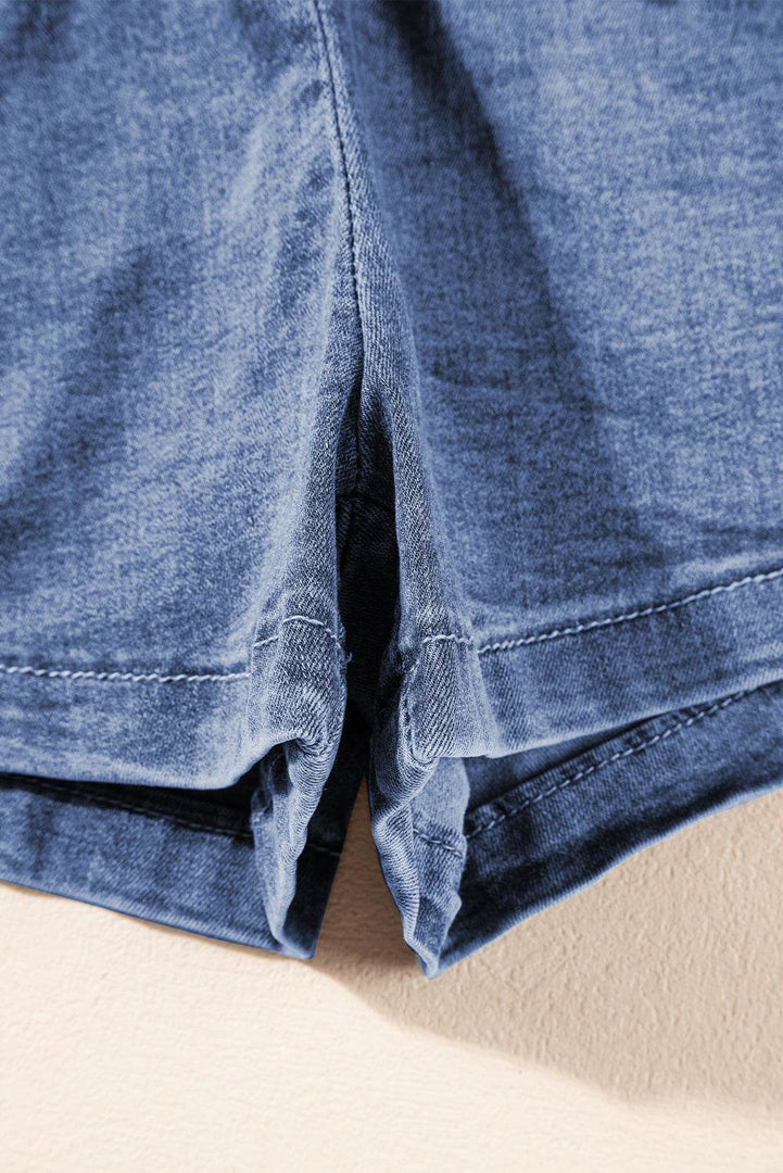 Light Blue Denim Cuffed Sleeve Tee Elastic Shorts Set - Fashion Queen -  14