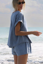 Load image into Gallery viewer, Light Blue Denim Cuffed Sleeve Tee Elastic Shorts Set - Fashion Queen -  2
