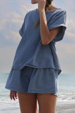 Load image into Gallery viewer, Light Blue Denim Cuffed Sleeve Tee Elastic Shorts Set - Fashion Queen -  3
