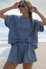 Load image into Gallery viewer, Light Blue Denim Cuffed Sleeve Tee Elastic Shorts Set - Fashion Queen -  4
