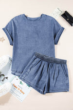 Load image into Gallery viewer, Light Blue Denim Cuffed Sleeve Tee Elastic Shorts Set - Fashion Queen -  5
