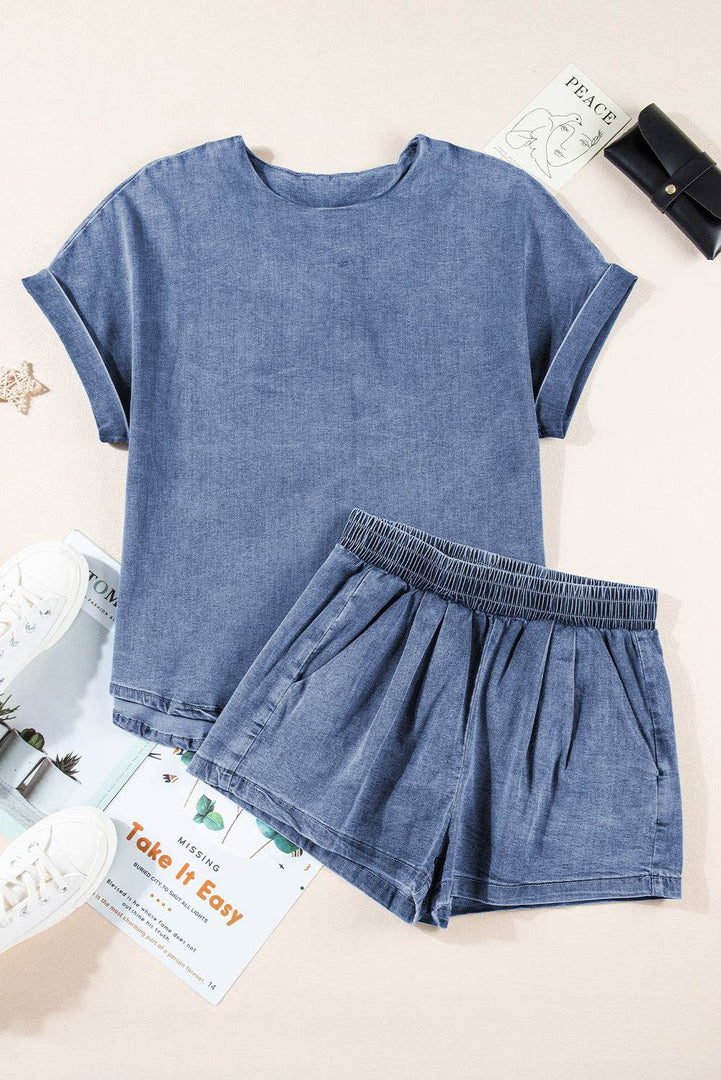 Light Blue Denim Cuffed Sleeve Tee Elastic Shorts Set - Fashion Queen -  5