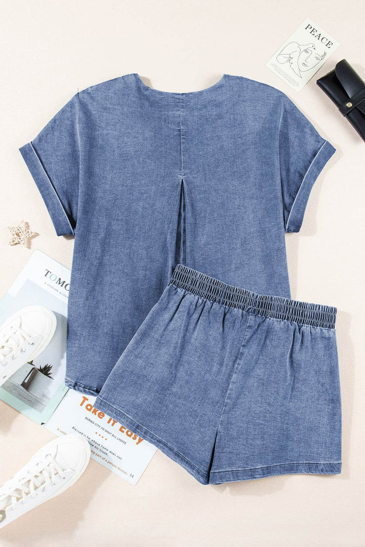 Light Blue Denim Cuffed Sleeve Tee Elastic Shorts Set - Fashion Queen -  6