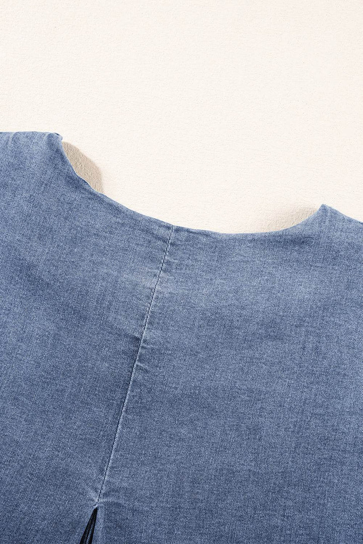 Light Blue Denim Cuffed Sleeve Tee Elastic Shorts Set - Fashion Queen -  7