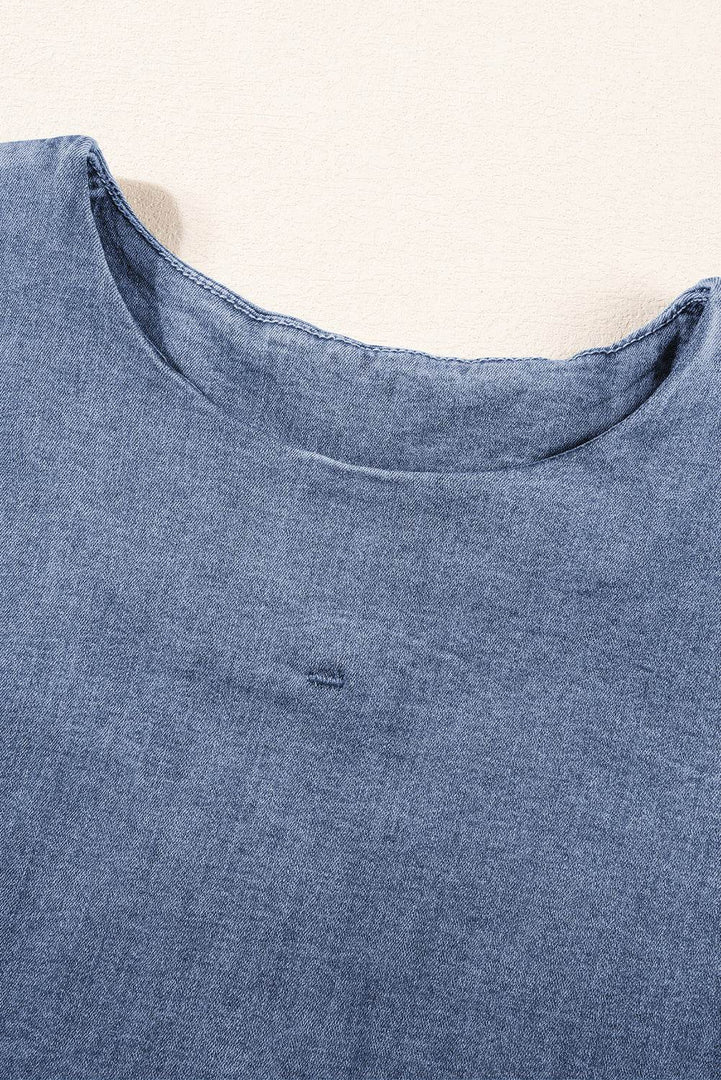 Light Blue Denim Cuffed Sleeve Tee Elastic Shorts Set - Fashion Queen -  8