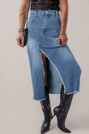 Light Blue Frayed Slit Asymmetric Denim Midi Skirt - Fashion Queen -  1