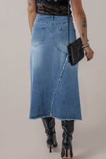 Load image into Gallery viewer, Light Blue Frayed Slit Asymmetric Denim Midi Skirt - Fashion Queen -  2
