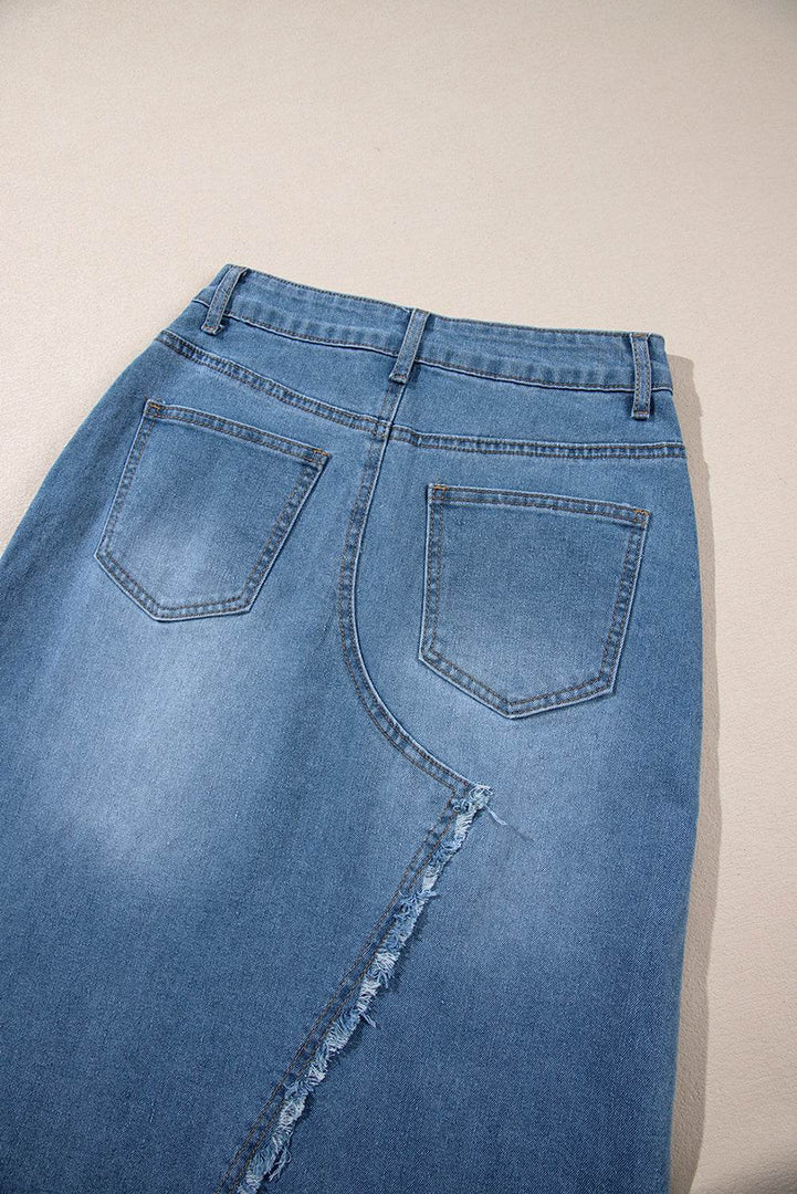 Light Blue Frayed Slit Asymmetric Denim Midi Skirt - Fashion Queen -  5