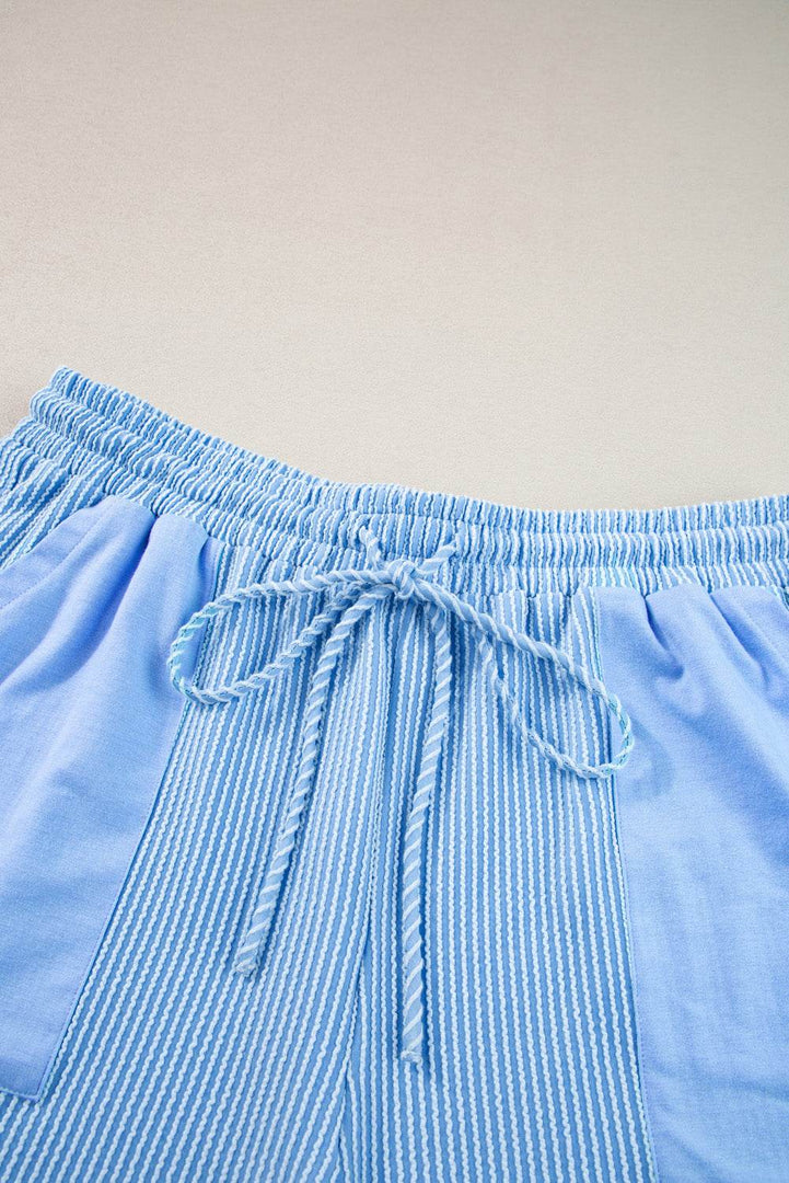 Light Blue Plus Size Ribbed Long Sleeve Top and Drawstring Shorts Set - Fashion Queen -  12