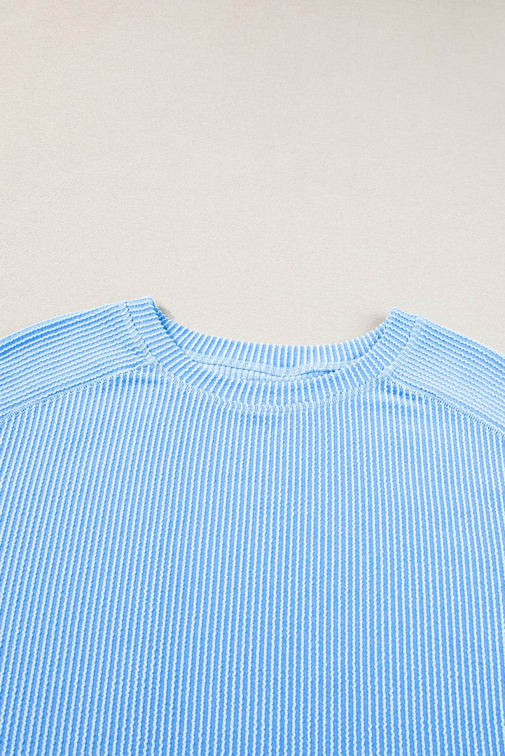 Light Blue Plus Size Ribbed Long Sleeve Top and Drawstring Shorts Set - Fashion Queen -  14