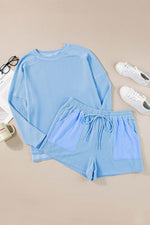 Load image into Gallery viewer, Light Blue Plus Size Ribbed Long Sleeve Top and Drawstring Shorts Set - Fashion Queen -  4
