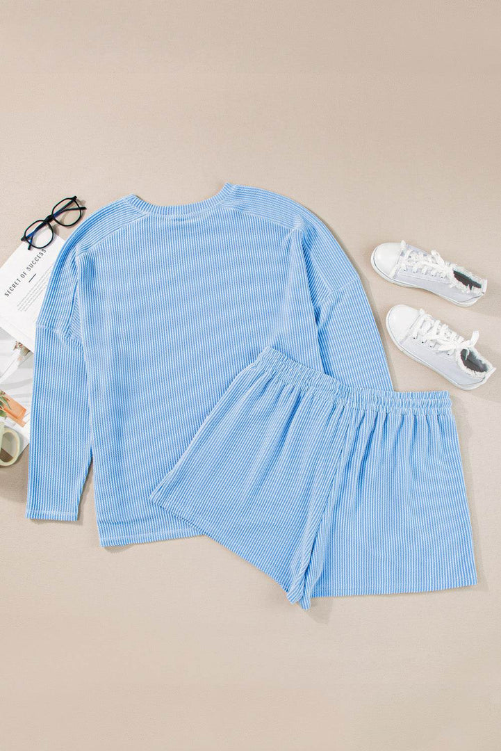Light Blue Plus Size Ribbed Long Sleeve Top and Drawstring Shorts Set - Fashion Queen -  5