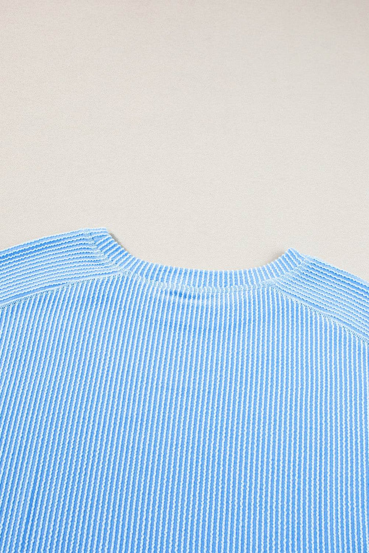 Light Blue Plus Size Ribbed Long Sleeve Top and Drawstring Shorts Set - Fashion Queen -  8