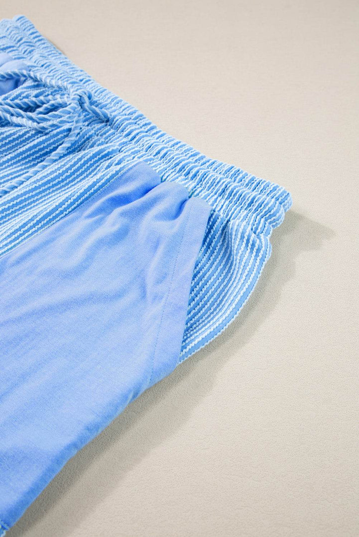 Light Blue Plus Size Ribbed Long Sleeve Top and Drawstring Shorts Set - Fashion Queen -  9