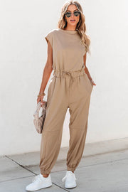 Light French Beige Cap Sleeve Open Back Drawstring Jogger Jumpsuit - Fashion Queen -  1