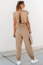 Load image into Gallery viewer, Light French Beige Cap Sleeve Open Back Drawstring Jogger Jumpsuit - Fashion Queen -  2
