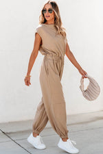 Load image into Gallery viewer, Light French Beige Cap Sleeve Open Back Drawstring Jogger Jumpsuit - Fashion Queen -  3
