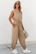 Load image into Gallery viewer, Light French Beige Cap Sleeve Open Back Drawstring Jogger Jumpsuit - Fashion Queen -  4
